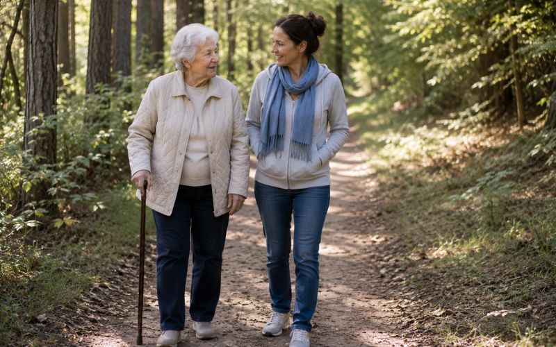 Ile kosztuje pobyt w Domu Opieki – Seniorka na spacerze z Opiekunką w lesie