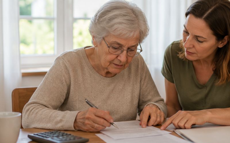 Cennik Domu Opieki – Seniorka z córką analizują koszty pobytu z kalkulatorem