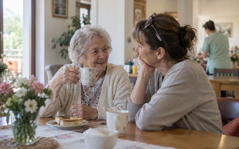 Seniorka rozmawia z córką przy kawie w jadalni domu opieki